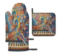 Gants de cuisine résistants à la chaleur avec notes de musique abstraites, touches de piano, gants de cuisine pour barbecue, cuisine, grillades, pâtisseries