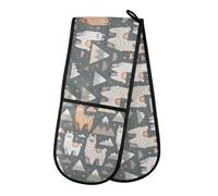 Gants de four double avec motif lamas et montagnes - Gris - Résistants à la chaleur - Matelassés - Pour barbecue, pâtisserie, cuisine