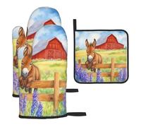 Gants De Four Et Maniques Âne Joueur De Taille Unique dans Le Village Oven Gloves Résistants À La Chaleurgant De Cuisson Doux pour Micro-Ondes Barbecue 3Pcs