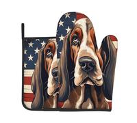 Gants De Four Et Maniques Basset Dog American Flag Kitchen Mitts Très Épais Maniques De Cuisine Antidérapant Gants De Cuisine pour Grillage Micro-Ondes Set of 2