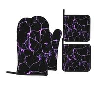 Gants De Four Et Maniques Black and Purple Marble Antidérapant Gant De Cuisson Résistants À La Chaleur Kitchen Mitts pour Pâtisserie Grillage Set of 4