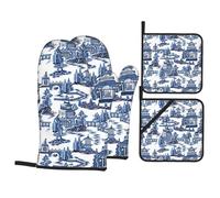Gants De Four Et Maniques Blue and White Willow Ancient Ming China Chinoiseries Très Épais Gant De Cuisson Résistants À La Chaleur Oven Gloves pour Micro-Ondes Pâtisserie Set of 4