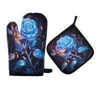 Gants De Four Et Maniques Blue Roses Flowers Fire Maniques De Cuisine Protection Temperature Oven Gloves Antidérapant Kitchen Mitts pour Pâtisserie Grillage Set of 2