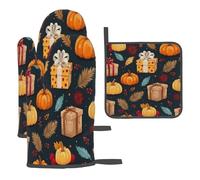 Gants De Four Et Maniques Citrouilles Feuilles d'automne Oven Gloves Très Épaismaniques De Cuisine Résistants À La Chaleur pour Pâtisserie Barbecue 3Pcs