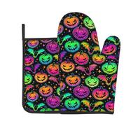 Gants De Four Et Maniques Colorful Pumpkin Head Bats Stars Halloween Gants De Cuisine Antidérapant Kitchen Mitts Résistants À La Chaleur Gant De Cuisson pour Grillage Pâtisserie Set of 2
