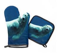Gants De Four Et Maniques Cuisine Ours Polaire Mignon 1 Cuisson Gant À Four + 1 Manique Imprimer Gants De Four Et Maniques Résistant À La Chaleur Gant De Cuisine, pour Micro-Ondes, Griller