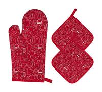 Gants de Four et Maniques Cuisine Résistant à la Chaleur Gants de Four en Coton Gants de Cuisson à Poignets Longs pour Griller, Cuisiner, Cuire, Micro-Ondes 3 Pièces (Rouge)
