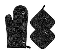 Gants de Four et Maniques Cuisine Résistant à la Chaleur Gants de Four en Coton Gants de Cuisson à Poignets Longs pour Griller, Cuisiner, Cuire, Micro-Ondes 3 Pièces (Noir)