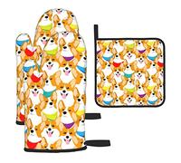 Gants de four et maniques Ensembles de 3 gants de four Corgi Love Gifts résistants à la chaleur avec gants de four et coussins chauds Maniques pour la cuisine Cuisson Cuisson BBQ Gants de cuisine anti
