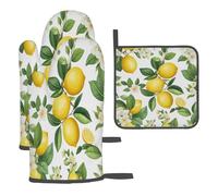 Gants De Four Et Maniques Feuilles De Fleurs De Citron Mignonnes Kitchen Mitts Antidérapantmaniques De Cuisine Très Épais pour Grillage Barbecue 3Pcs