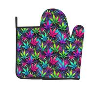 Gants De Four Et Maniques Feuilles De Marijuana Éclaboussées De Néon 2Pcs | Antidérapant gants de cuisine et maniques Doux Kitchen Mitts Pour Cuire pâtisserie Barbecue