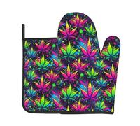 Gants De Four Et Maniques Feuilles De Marijuana Éclaboussées De Néon 2Pcs | Antidérapant Oven Gloves Doux Maniques Cuisine Pour Barbecue Cuire Micro-Ondes