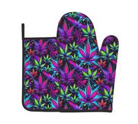 Gants De Four Et Maniques Feuilles De Marijuana Éclaboussées De Néon 2Pcs | très épais maniques de cuisine Résistant à Chaleur Kitchen Mitts Pour Barbecue pâtisserie Cuire