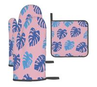 Gants De Four Et Maniques Feuilles De Palmier Roses Oven Gloves Antidérapantkitchen Mitts Très Épais pour Barbecue Grillage 3Pcs