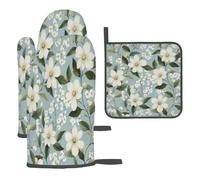 Gants De Four Et Maniques Feuilles Vertes Et Fleurs Blanches Kitchen Mitts Antidérapantgants De Cuisine Très Épais pour Barbecue Cuire 3Pcs