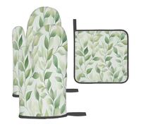 Gants De Four Et Maniques Feuilles Vertes Printanières Kitchen Mitts Résistants À La Chaleuroven Gloves Antidérapant pour Micro-Ondes Barbecue 3Pcs