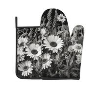 Gants De Four Et Maniques Fleurs Noires Et Blanches Oven Gloves Très Épais Gants De Cuisine Antidérapant Set of 2 pour Micro-Ondes Barbecue Cuire