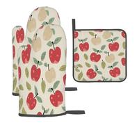 Gants De Four Et Maniques Fruits À Feuilles Rouges Oven Gloves Protection Temperaturemaniques De Cuisine Doux pour Pâtisserie Barbecue 3Pcs