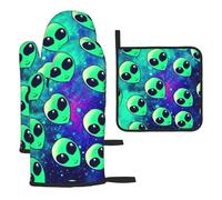 Gants De Four Et Maniques Green Aliens Print Maniques De Cuisine Résistants À La Chaleur Kitchen Mitts Antidérapant Gants De Cuisine pour Barbecue Cuire Pâtisserie 3Pcs