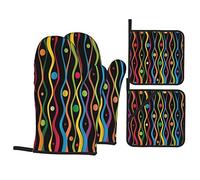 Gants de four et maniques Lot de 4, pois colorés Ogee Geo Stripes rétro Mid Century géométrique couleur Art Print, tampons chauds résistants avec gants de barbecue antidérapants en polyester pour la c