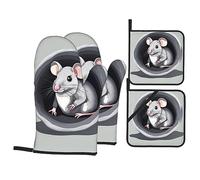 Gants De Four Et Maniques Mouse in The Hole Print Très Épais Oven Gloves Antidérapant Gant De Cuisson pour Barbecue Micro-Ondes Set of 4