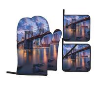 Gants De Four Et Maniques New York City Brooklyn Bridge Manhattan Protection Temperature Kitchen Mitts Très Épais Gant De Cuisson pour Grillage Cuire Set of 4