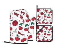 Gants De Four Et Maniques Nœuds en Cerisier Coloré, Ancres, Fleurs Antidérapant Gant De Cuisson Protection Temperature Kitchen Mitts pour Pâtisserie Micro-Ondes Set of 4