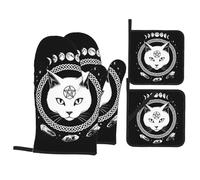 Gants De Four Et Maniques Occult Moon Cat Sacred Wiccan Pagan Witch Résistants À La Chaleur Oven Gloves Doux Kitchen Mitts pour Barbecue Micro-Ondes Set of 4