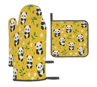 Gants De Four Et Maniques Panda Mignon avec des Feuilles De Bambou Maniques De Cuisine Très Épaisgant De Cuisson Résistants À La Chaleur pour Barbecue Pâtisserie 3Pcs