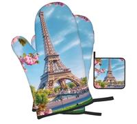 Gants De Four Et Maniques Paris Eiffel Tower Flowers Gant De Cuisson Résistants À La Chaleur Oven Gloves Protection Temperature Gants De Cuisine pour Pâtisserie Cuire Grillage 3Pcs