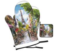 Gants De Four Et Maniques Paris Street Scene Eiffel Tower Oven Gloves Doux Kitchen Mitts Protection Temperature Gants De Cuisine pour Barbecue Grillage Cuire 3Pcs