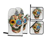 Gants de Four et maniques pour Barbecue Gants de Barbecue Cool Flower Sugar Skull Pattern Mitaines de Four et maniques pour Cuisine (Ensemble de 4 pièces)