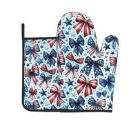 Gants De Four Et Maniques Red White Blue Bows 4Th of July American Flag Kitchen Mitts Doux Maniques De Cuisine Antidérapant Oven Gloves pour Barbecue Pâtisserie Set of 2