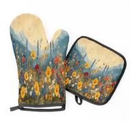 Gants De Four Et Maniques Retro Flower and Mountains Maniques De Cuisine Antidérapant Kitchen Mitts Protection Temperature Gants De Cuisine pour Pâtisserie Cuire Set of 2