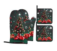Gants De Four Et Maniques Round Ball Christmas Tree Print Très Épais Gants De Cuisine Antidérapant Kitchen Mitts pour Cuire Grillage Set of 4