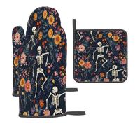Gants De Four Et Maniques Squelettes Mignons Et Fleurs Kitchen Mitts Douxoven Gloves Très Épais pour Pâtisserie Barbecue 3Pcs