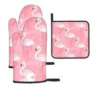 Gants De Four Et Maniques Summer Flamingo Palm Leaves Maniques De Cuisine Résistants À La Chaleur Oven Gloves Très Épais Kitchen Mitts pour Pâtisserie Barbecue Micro-Ondes 3Pcs