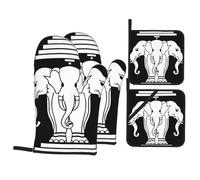 Gants De Four Et Maniques Trois Éléphants Au Laos Antidérapant Kitchen Mitts Protection Temperature Gants De Cuisine pour Barbecue Grillage Set of 4
