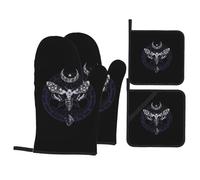 Gants De Four Et Maniques Vsoxa Wiccan Pagan Witch Sacred Moon Death Moth Très Épais Oven Gloves Doux Maniques De Cuisine pour Grillage Pâtisserie Set of 4