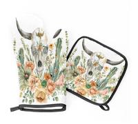 Gants De Four Et Maniques Watercolor Skull Flower Plant Gant De Cuisson Antidérapant Gants De Cuisine Résistants À La Chaleur Kitchen Mitts pour Micro-Ondes Grillage Set of 2
