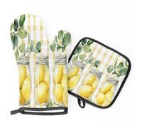 Gants De Four Et Maniques Yellow Lemon and Leaves Gants De Cuisine Antidérapant Oven Gloves Résistants À La Chaleur Kitchen Mitts pour Cuire Micro-Ondes Set of 2