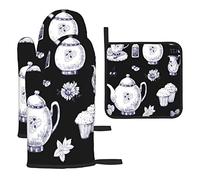 Gants de Four et Support de Casserole Ensembles de 3 Pièces Théières et Tasses Dessinées à la Main Gants de Four et Support de Casserole pour la Cuisson au Barbecue Cuisson Griller Micro-Ondes Printem