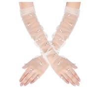 Gants de Mariée,Gants de Longs en Dentelle Blanche & Tulle Perlé Élégants Gants Transparents Sans Doigts pour Cérémonie Mariage Soirée ou Costume Femme Accessoires Nuptiaux Élégants