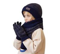 Gants d'hiver 2026 pour enfants de 4 à 10 ans avec bonnet, écharpe et trois pièces en laine tricotée chaude pour l'extérieur, bleu marine, Taille unique