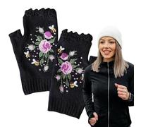 Gants d'hiver brodés pour femmes - Vêtements à main en tricot floral sans doigts sur écran tactile, tissu extensible | Conception pour un usage quotidien, le téléphone, le travail et