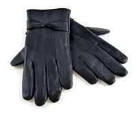 Gants d'hiver en cuir teint véritable avec nœud, doublés de polaire doux et chaud, pour femme - Noir -