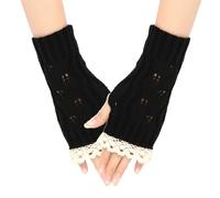 Gants d'hiver en dentelle tricotée pour femme - Demi-doigt creux - Pour entraînement, ski, course à pied, sport, fête, vie quotidienne (noir, taille unique)