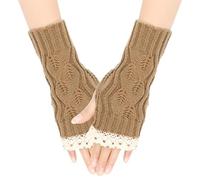 Gants d'hiver en dentelle tricotée pour femme - Demi-doigt creux - Pour entraînement, ski, course à pied, sport, fête, vie quotidienne - Marron - Taille unique