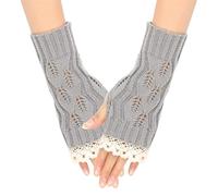 Gants d'hiver en dentelle tricotée pour femme - Demi-doigt creux - Pour entraînement, ski, course à pied, sport, fête, vie quotidienne (gris, taille unique)