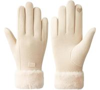 Gants d'hiver esthétiques en daim pour femme - Écran tactile thermique - Poignets en fourrure - Coupe-vent - Pour temps froid - Cyclisme - Ski - Sport - Équitation, beige